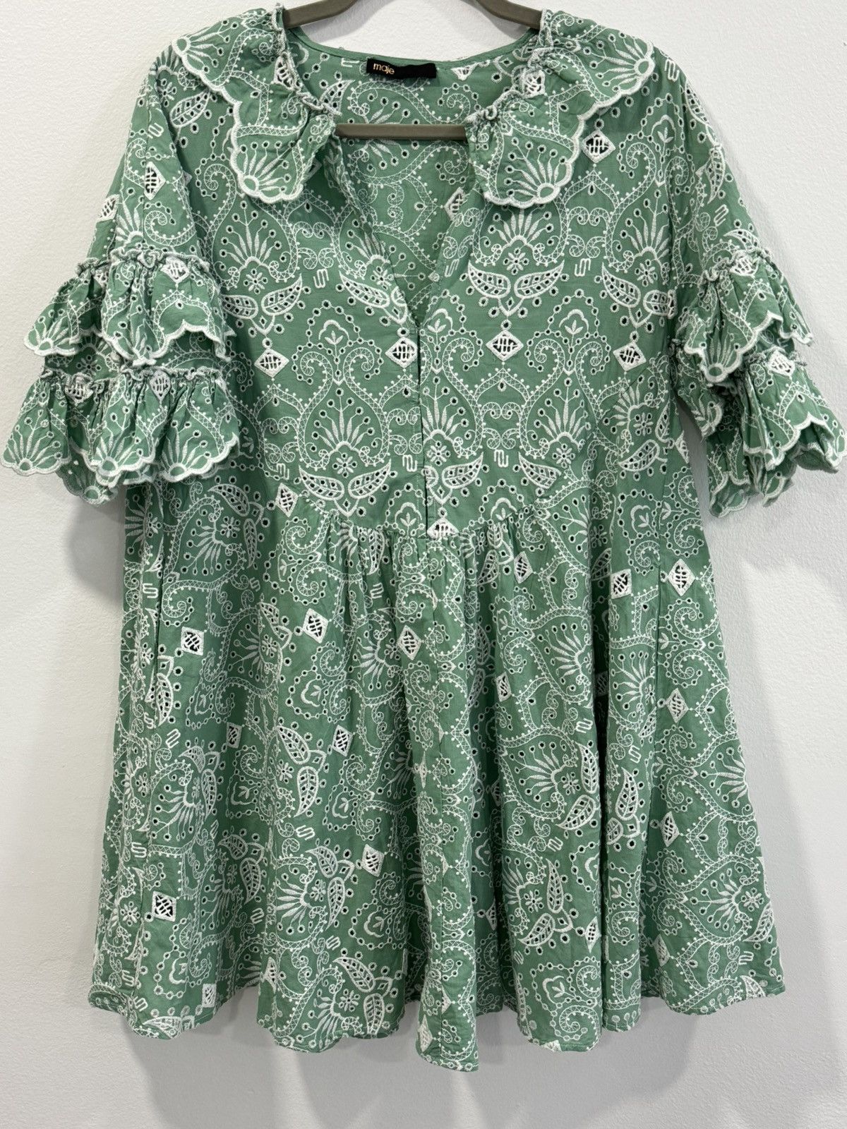 Maje Embroidered Cotton Dress Green Retail $535