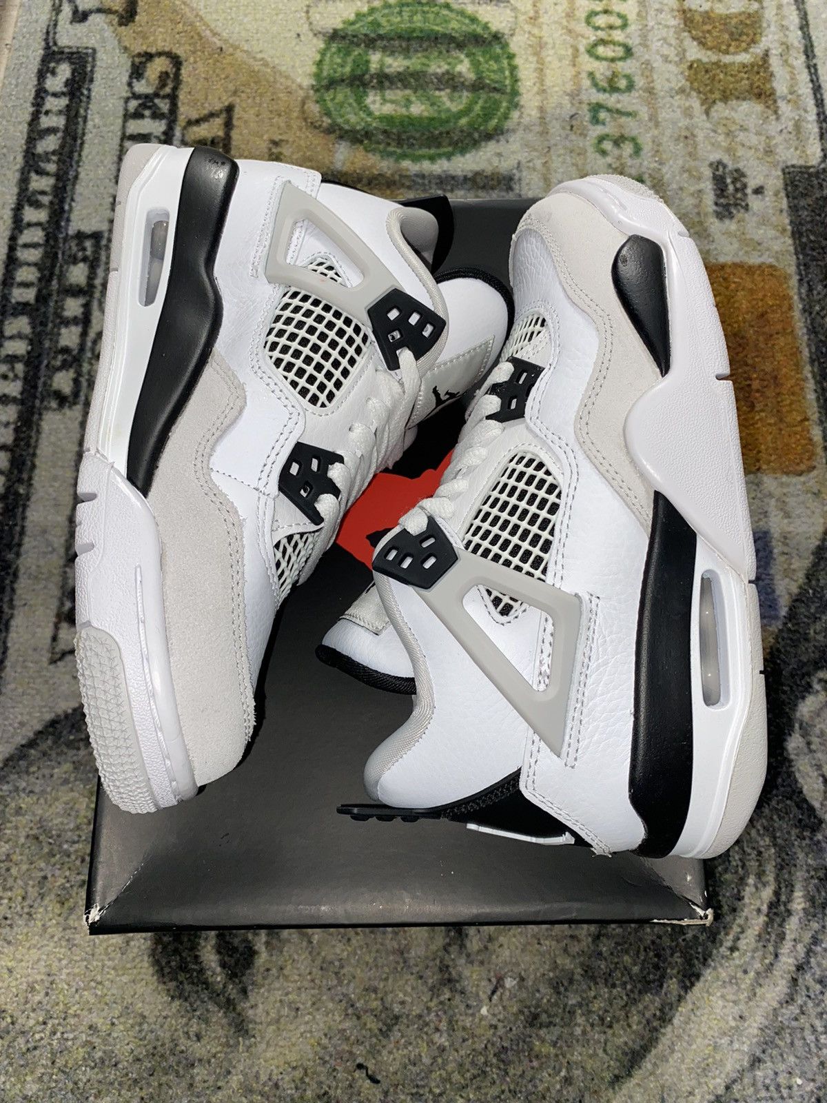 image of Jordan Nike Jordan 4 Retro Military Black 3.5Y Grade School Shoes in Black White, Women's