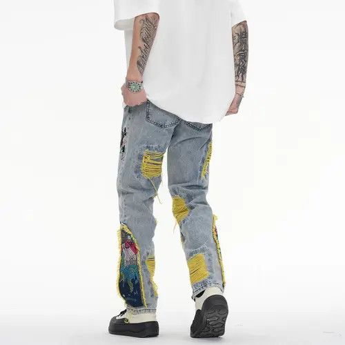 Japanese Brand Fumina x Kubo Embroidered Patch Denim Ripped Jeans Size US 36 / EU 52 - 2 Thumbnail