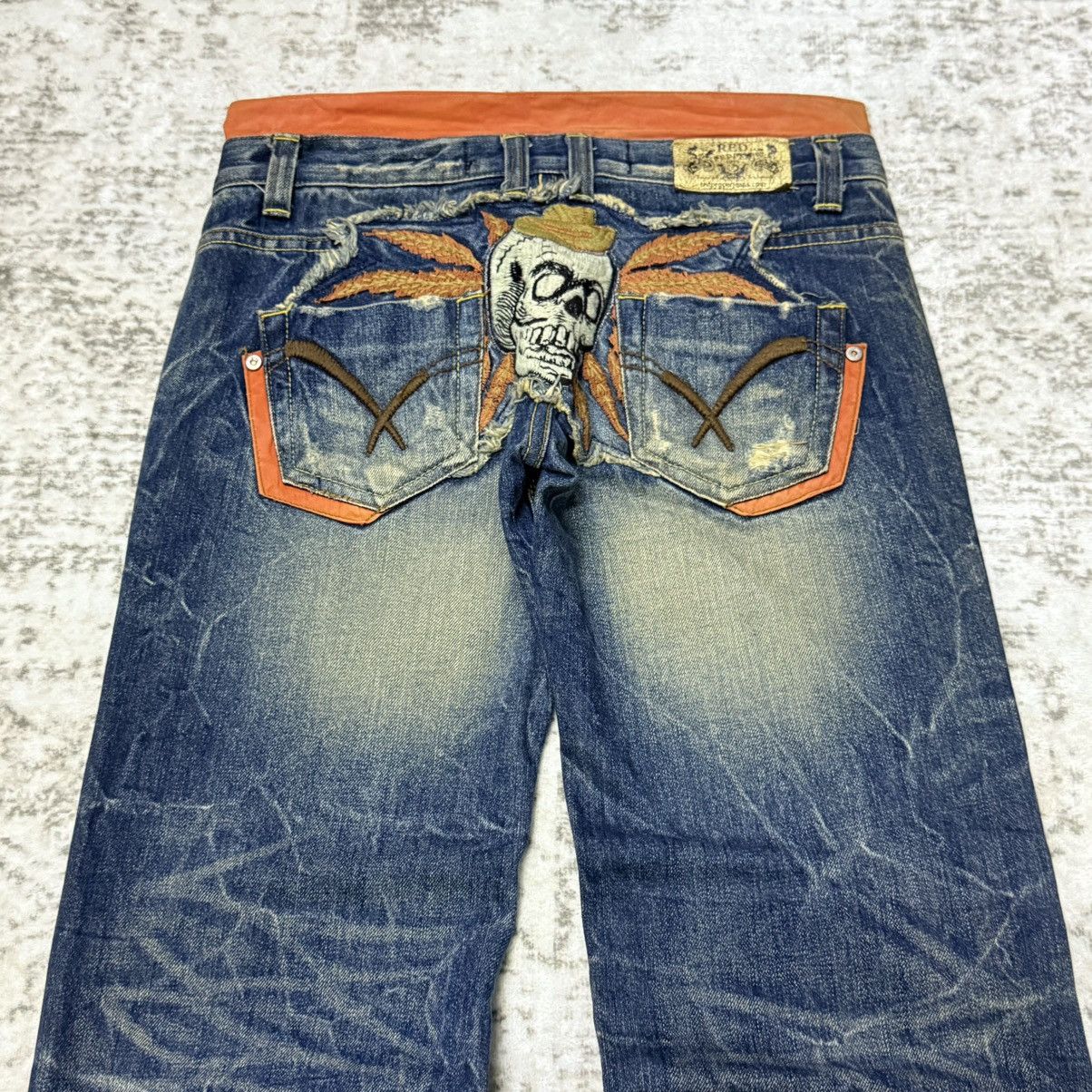 Japanese Brand 2000s Red Pepper Japan Embroidery Skull Flare Wide Leg Jeans Size 29" - 3 Thumbnail