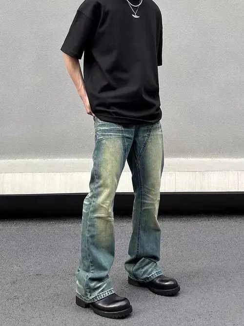 Vintage washed yellow mud patchwork micro-flared jeans