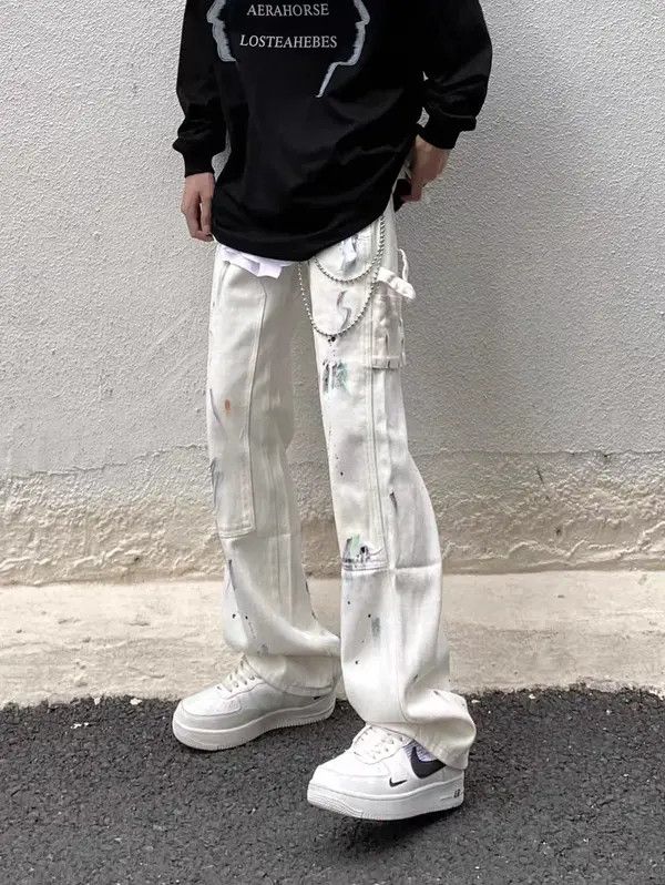 VIBE White high street graffiti loose straight jeans Size US 32 / EU 48 - 7 Thumbnail