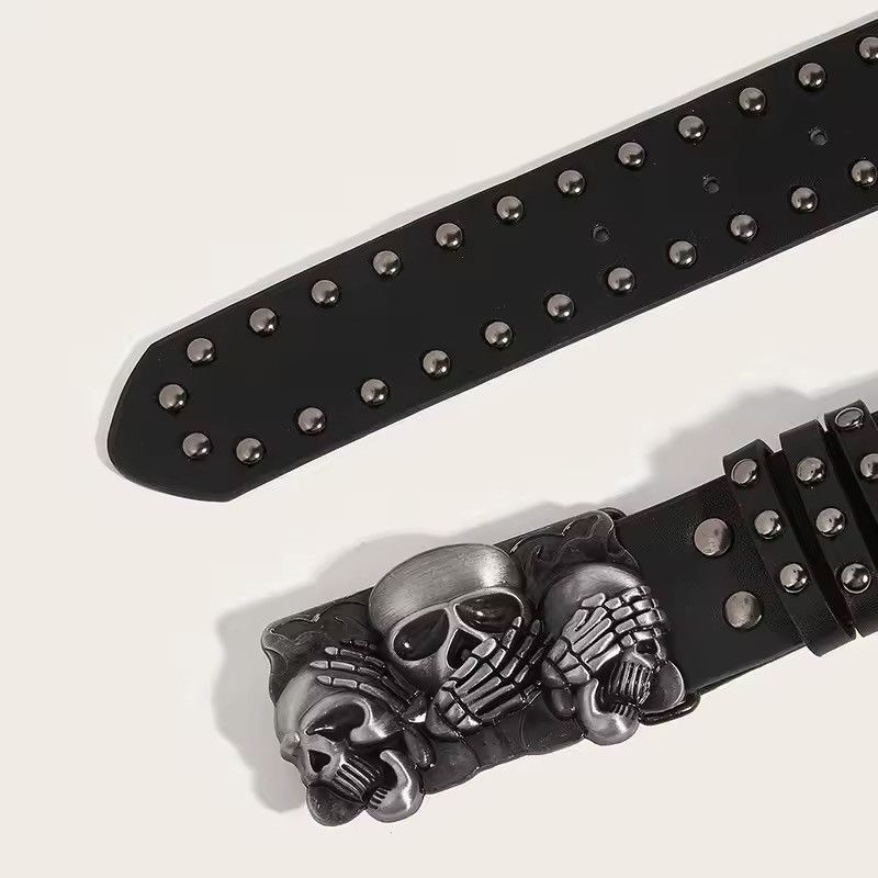 Leather Skeleton Triple Head Rivet Unisex Waist Pu Leather Belt Size ONE SIZE - 3 Thumbnail