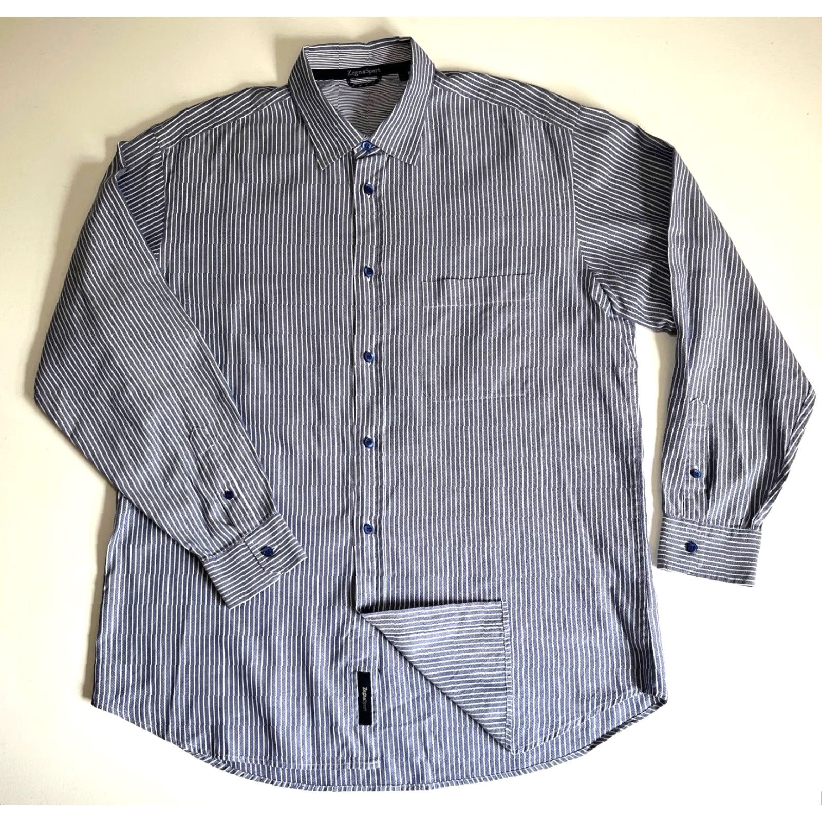 Vintage VINTAGE Zegna Sport Shirt Striped Button-Up XL Men's Blue White Casual Long Sleeve Collared Size US XL / EU 56 / 4 - 5 Thumbnail