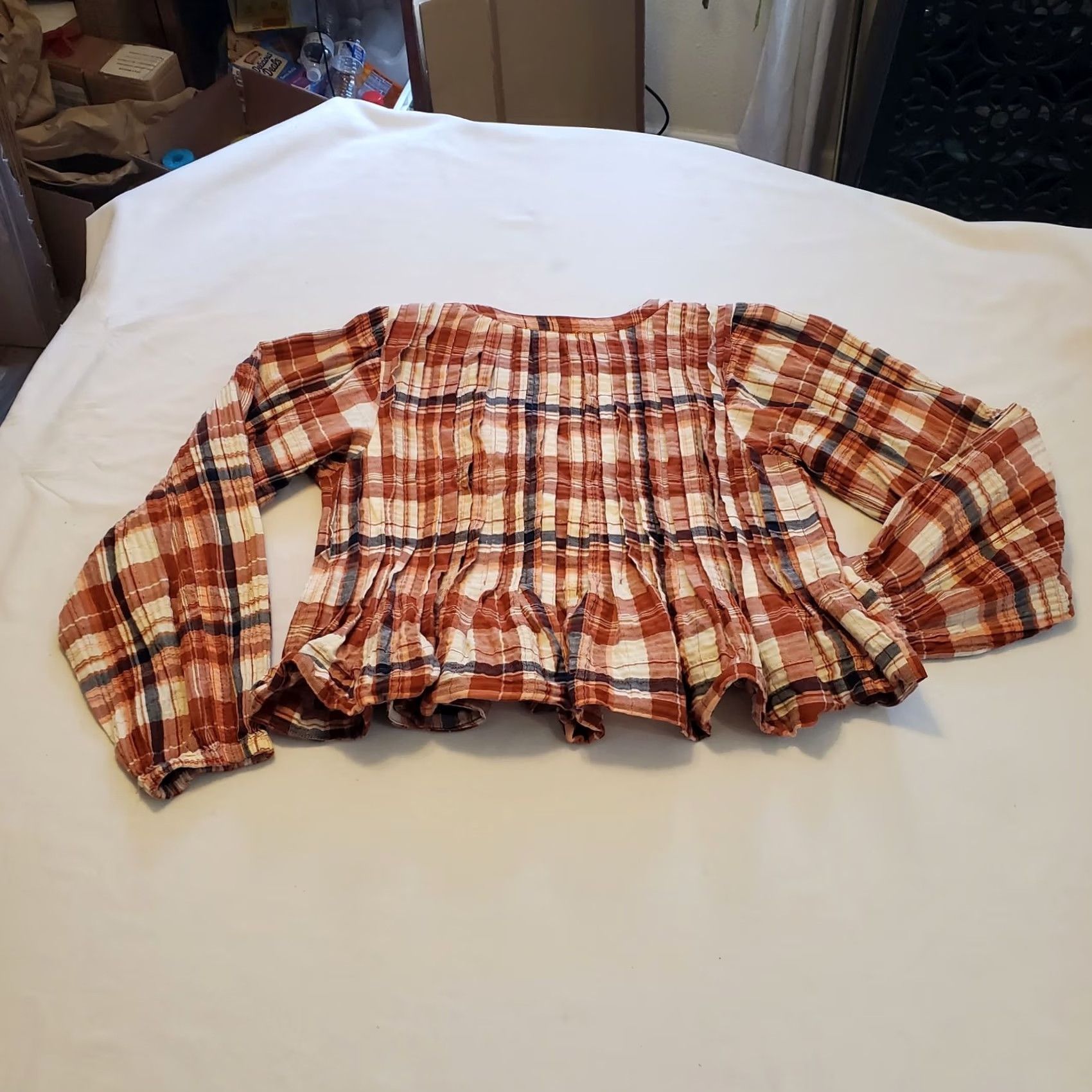 Vintage PILCRO Anthropologie Swing Blouse Womens Size M Long Sleeve Pleated Boho Peplum Size M / US 6-8 / IT 42-44 - 6 Thumbnail