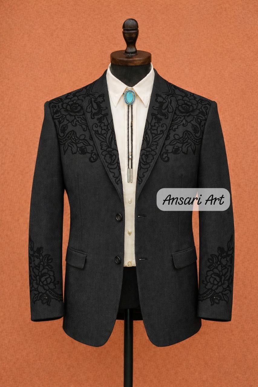 Other Men 2Pc Deep Charcoal Floral Embroidered Cowboy Nudie Suit Size 42L - 2 Thumbnail