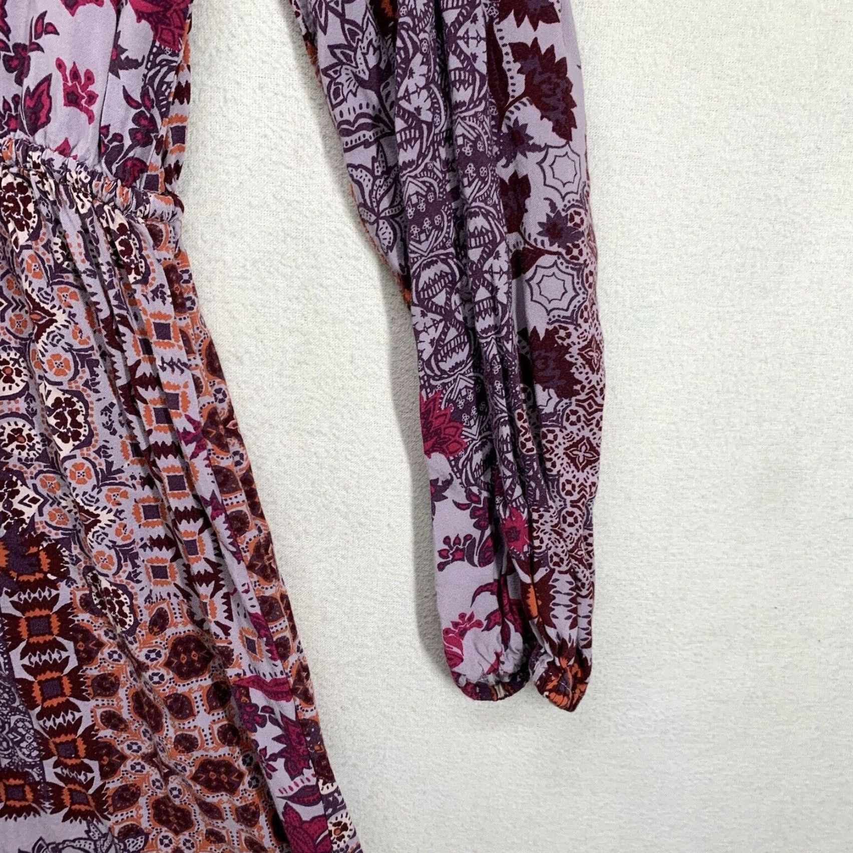 Vintage Knox Rose Geometric Midi Dress XS Purple Long Sleeve V-Neck Embroidered Hippie Bohemian Womens Size XS / US 0-2 / IT 36-38 - 7 Thumbnail