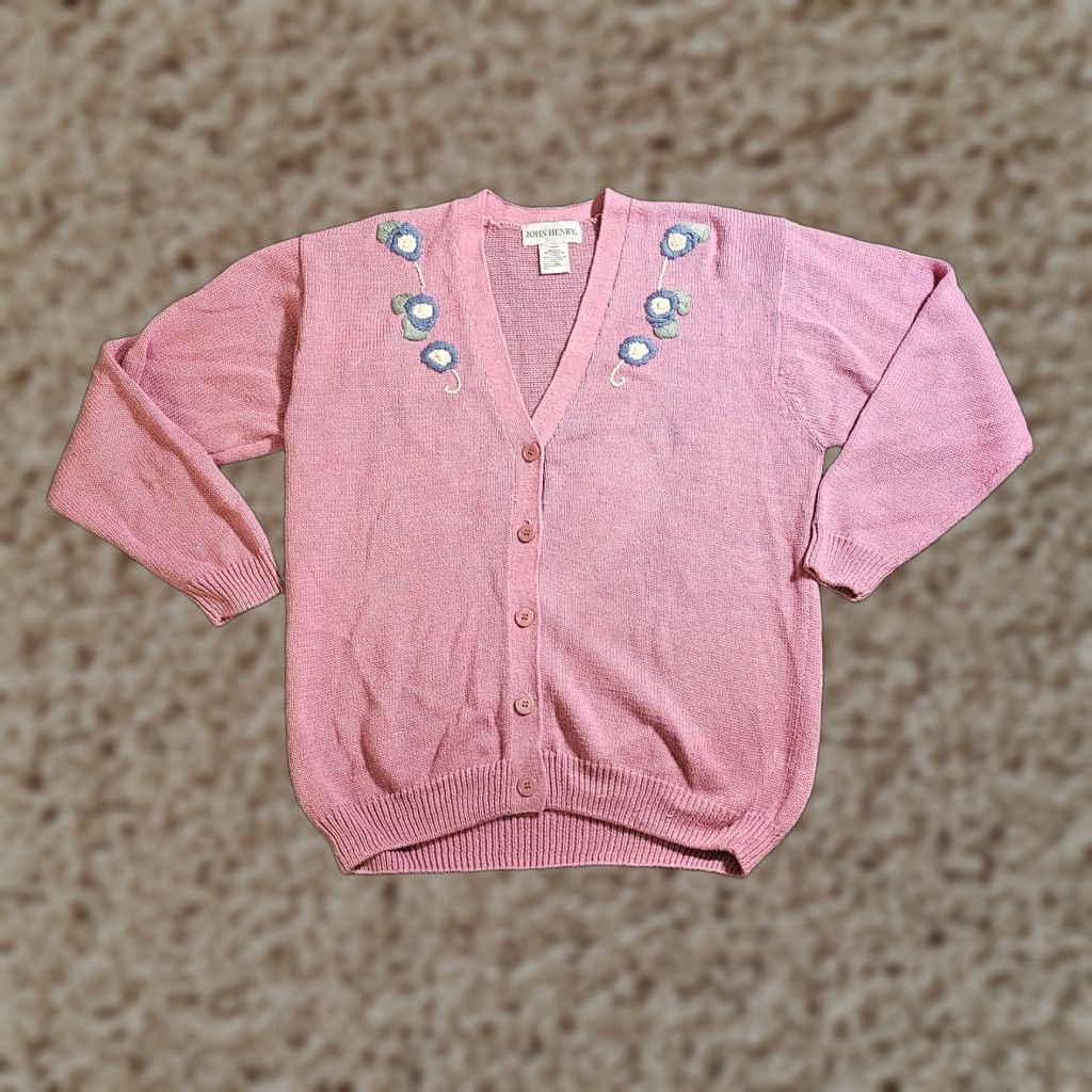 Pinko John Henry Cardigan Sweater Womens Small Pink Floral Embroidery V-Neck Size S / US 4 / IT 40 - 1 Thumbnail