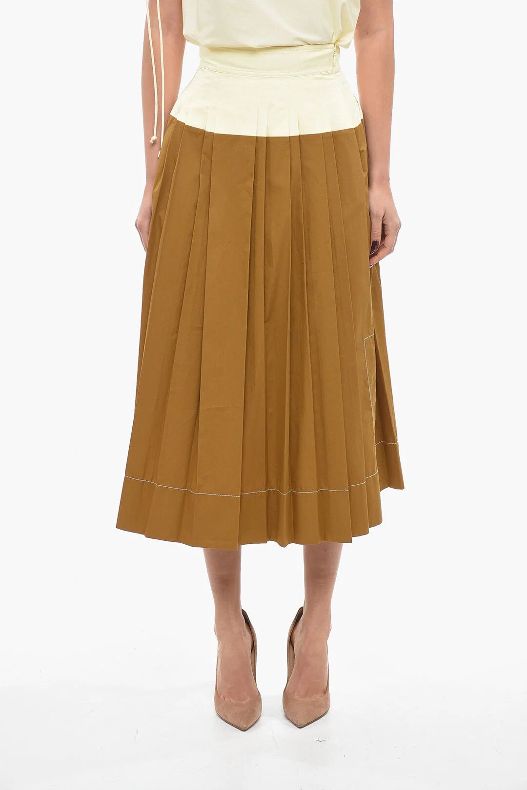 Tory Burch og1mm0426 Two-Tone Pleated Cotton Poplin Skirt in Brown Size 28" / US 6 / IT 42 - 1 Thumbnail