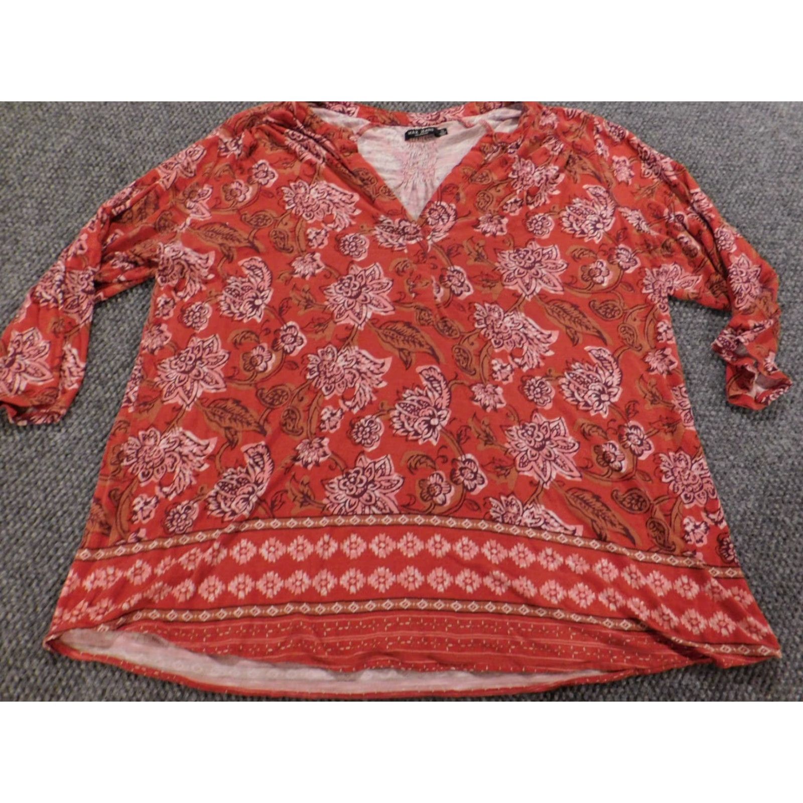 Vintage Max Jeans Blouse Womens 1X Plus Red Floral Pullover Stretch Size XL / US 12-14 / IT 48-50 - 2 Thumbnail