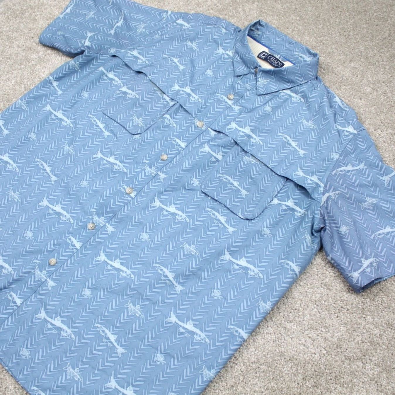 Chaps Chaps AOP Shirt Mens XL Blue Quick Dry Shark Print S/S Snap Collar Shirt Size US XL / EU 56 / 4 - 3 Thumbnail