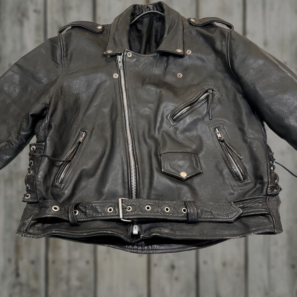 Vintage VINTAGE Echtes Leder Leather Motorcycle Jacket L Heavy Lace Sides Pockets Police 1990s Black Biker/Police Mens Size US L / EU 52-54 / 3 - 1 Thumbnail