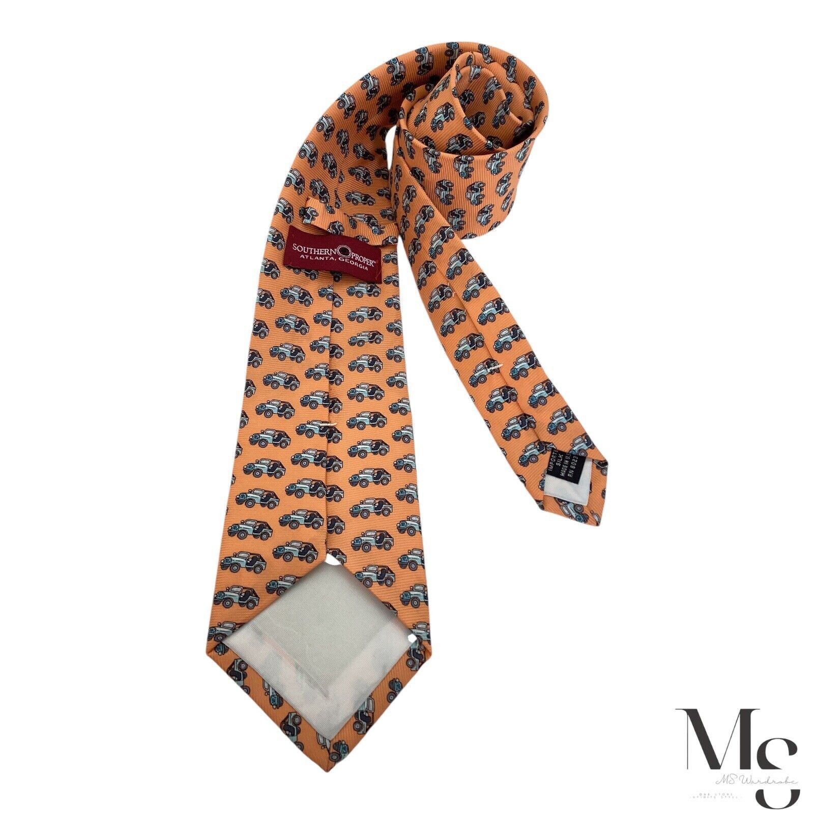 Southern Proper SOUTHERN PROPER Salmon Cars Print Silk Tie Made In USA W: 3. Size ONE SIZE - 2 Thumbnail