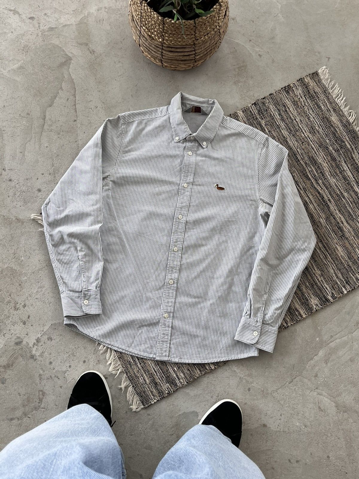 Carhartt Vintage Carhartt White Grey Striped Duck Logo Shirt Y2K Size US L / EU 52-54 / 3 - 1 Thumbnail