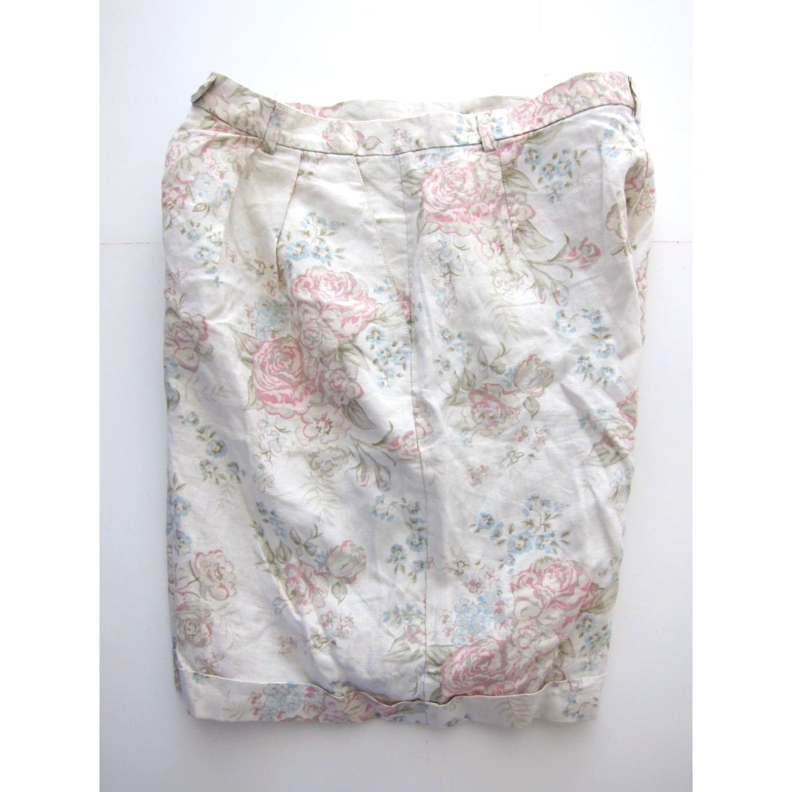 Vintage VINTAGE Hunt Club Bermuda Short 12 100% Linen Ivory Pink Blue Floral High Rise Pleated Womens Size 34" / US 12 / IT 48 - 5 Thumbnail