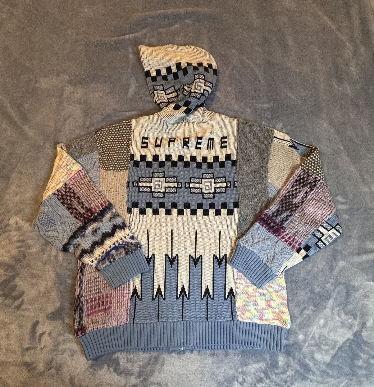 Supreme Supreme Patchwork Zip Up Hooded Sweater Light Blue Size US XXL / EU 58 / 5 - 10 Thumbnail
