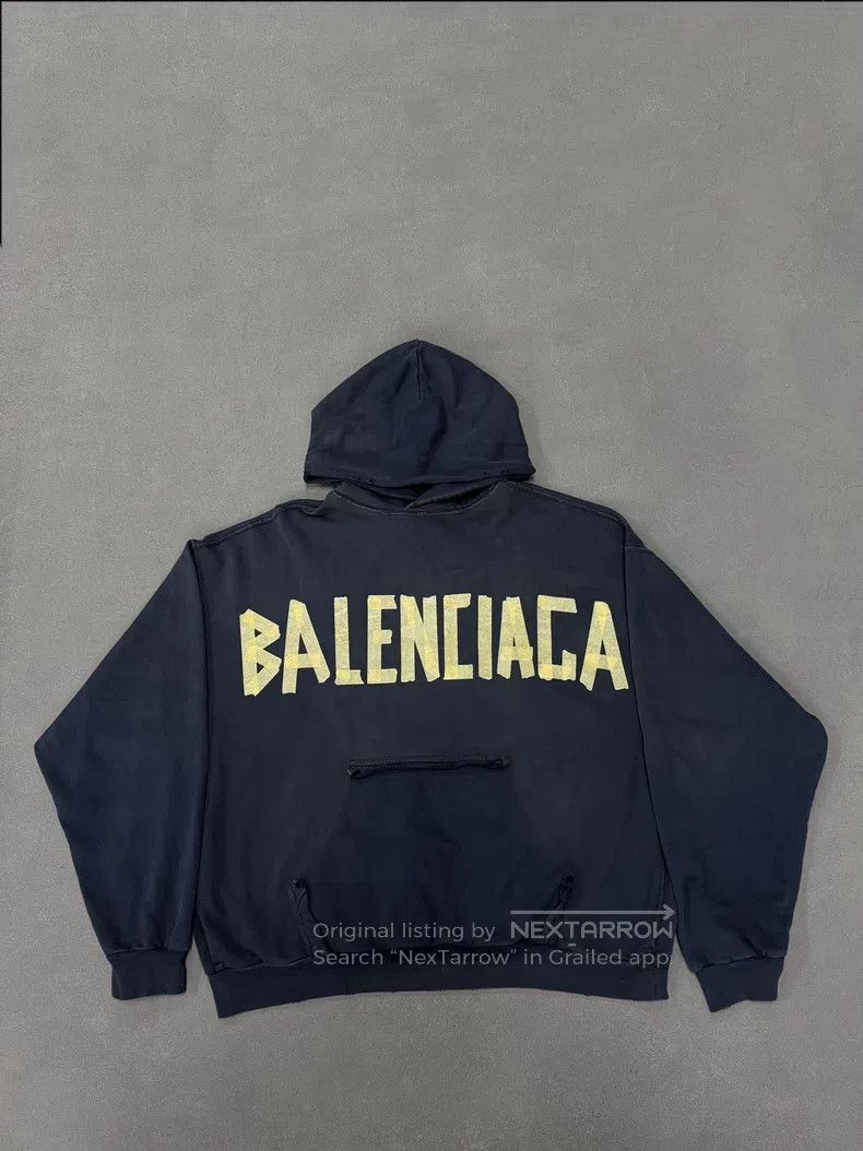 Balenciaga Balenciaga Masking Tape Aged Destruction Hoodie (Dark Blue Size US S / EU 44-46 / 1 - 1 Thumbnail