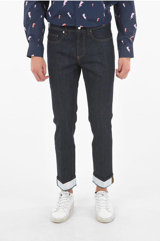 image of Neil Barrett The Godfather Of Denim Skinny Jeans With Contrasting Cuffed in Blue, Men's (Size 32)