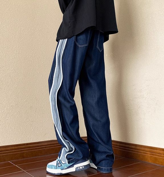 Japanese Brand Men's street stitching washed loose straight washed jeans Size US 32 / EU 48 - 4 Thumbnail