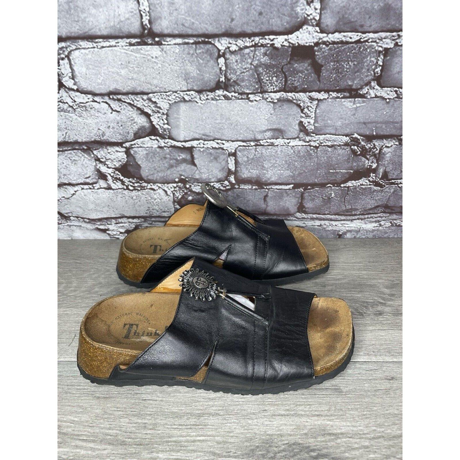 Other Think! Black Leather Cork Sun Moon Silver Wedge Sandals Wome Size US 6.5 / IT 36.5 - 5 Thumbnail
