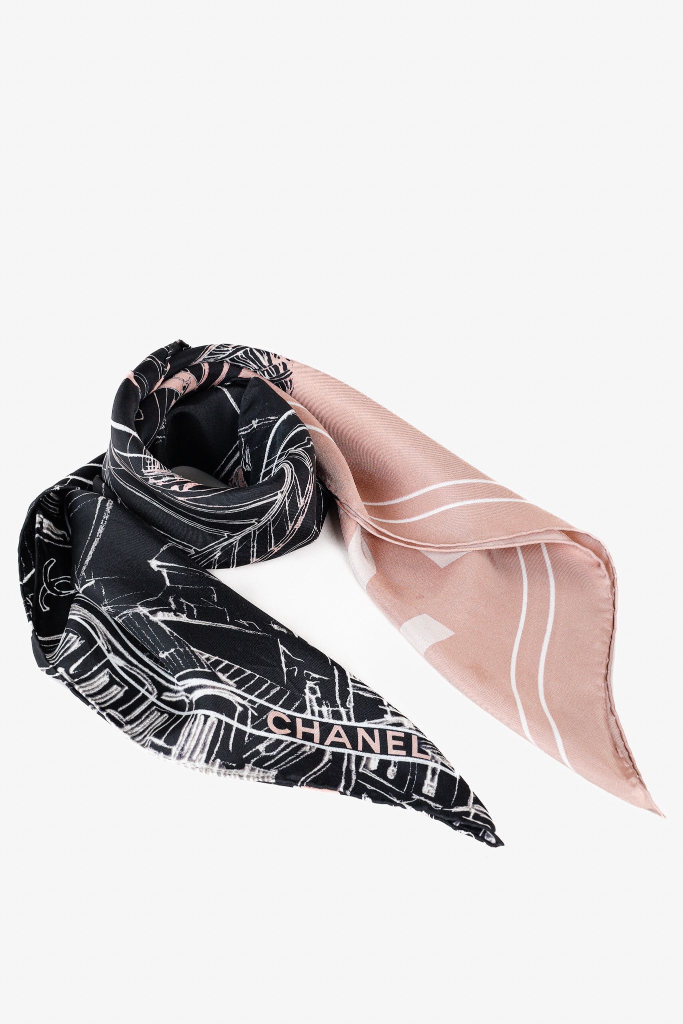 Chanel Chanel Dusty Rose & Black CC Cityscape-Print Silk Scarf Size ONE SIZE - 1 Thumbnail