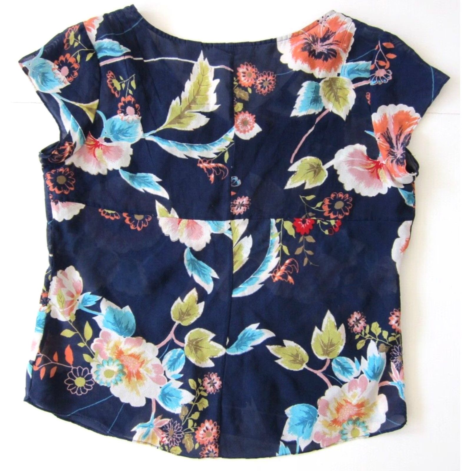 Vintage ie 100% Silk Sheer Blue Green Red White Floral V-Neck Short Sleeve Blouse 10 Size L / US 10 / IT 46 - 2 Thumbnail