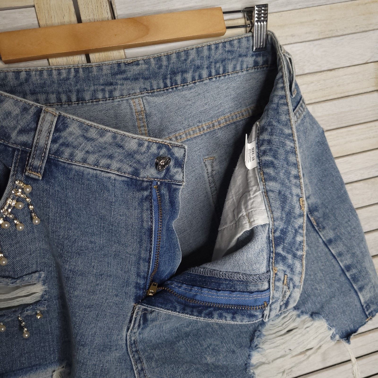 Other Denim Rhinsestone High Waist Shorts Size 16 Denim Cut Off Size 38" / US 16 / IT 52 - 9 Thumbnail