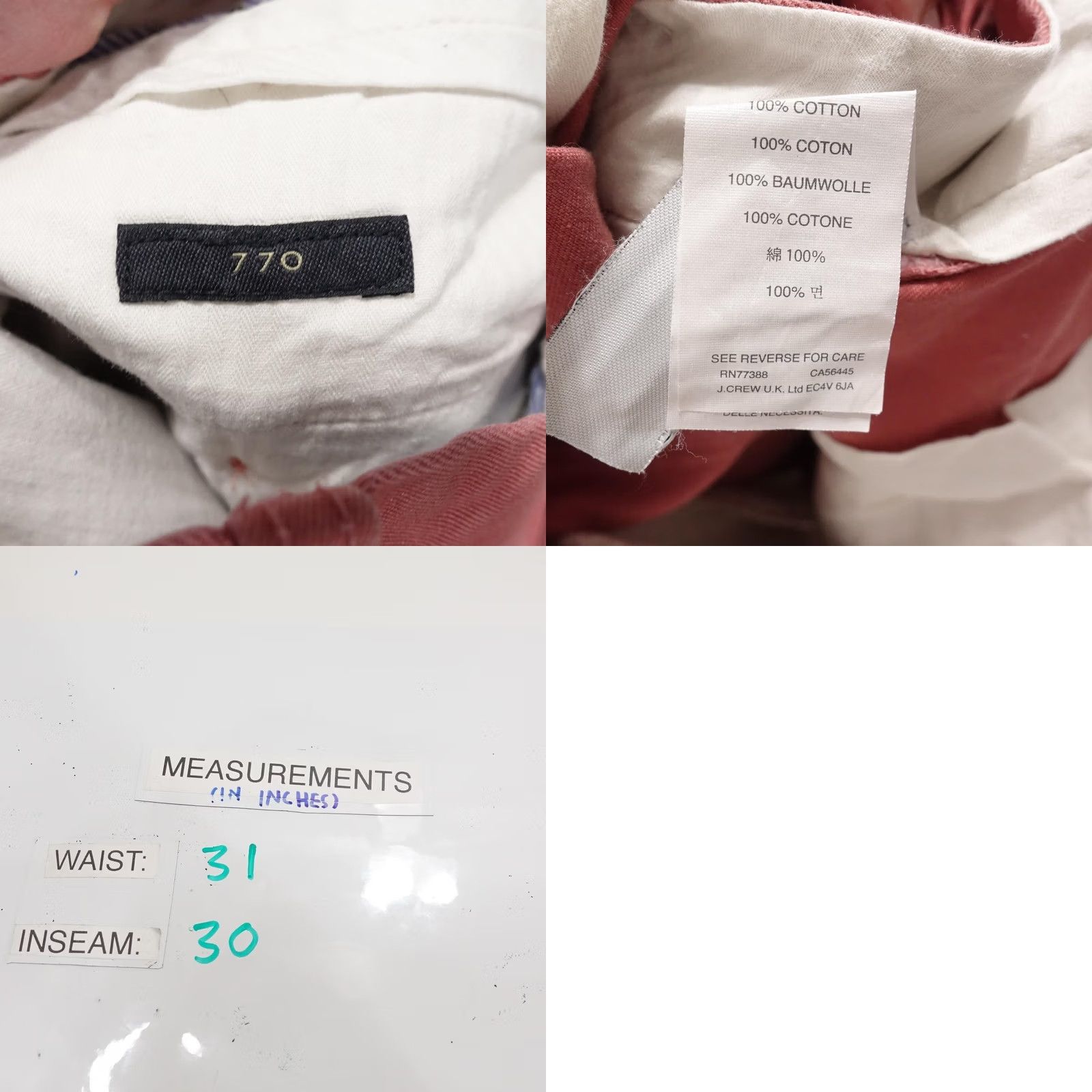J.Crew J.CREW ESSENTIAL Slim Chino Pants Mens 30x32 Red Cotton Flat Front Casual Slant Slash Pocket 770 Vintage? No Size US 30 / EU 46 - 8 Thumbnail