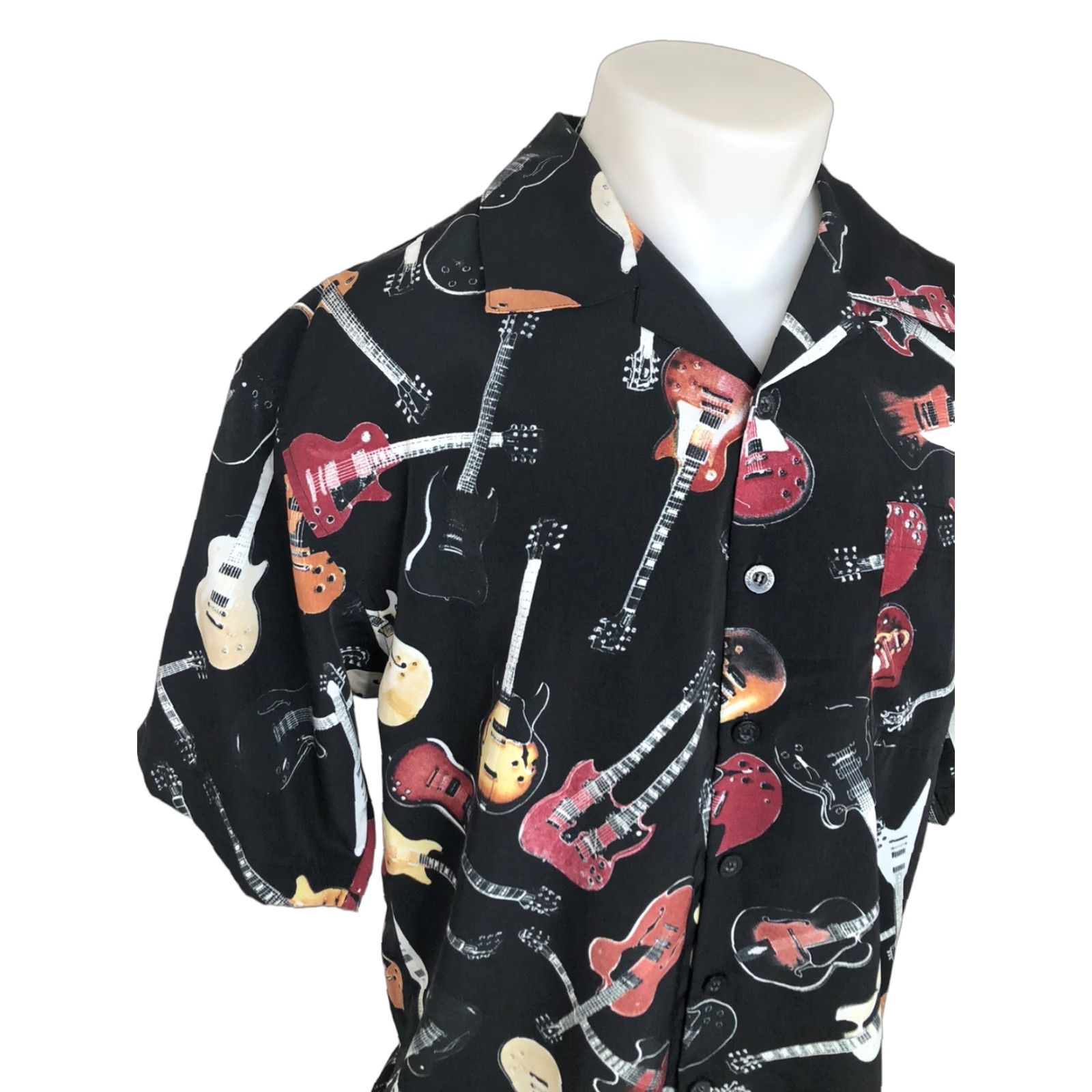 Vintage GIBSON TOUR WEAR / DRAGONFLY Guitars All Over Aloha XL Shirt - EXCELLENT Shirt Mens XL Black Guitar Rock & Roll Aloha 90s Size US XL / EU 56 / 4 - 1 Thumbnail