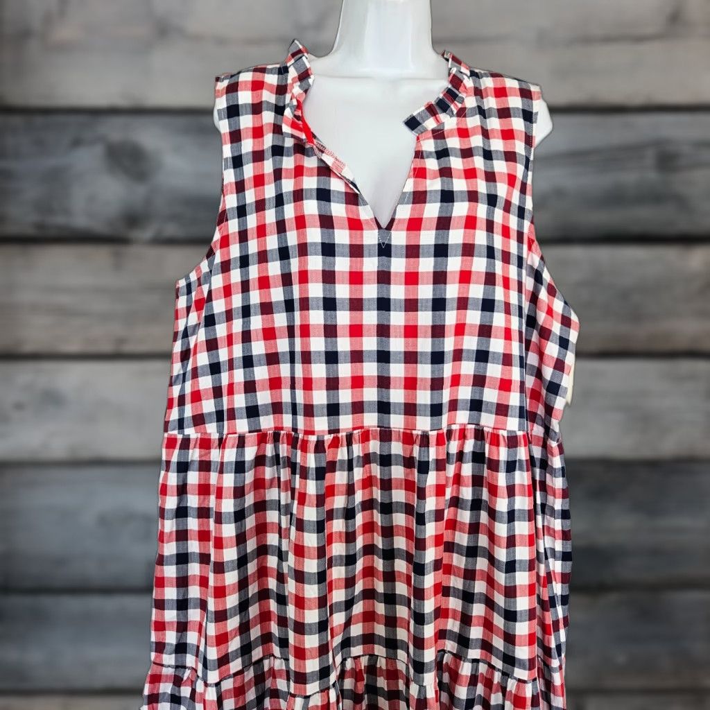 Vintage Cactus+Pearl Womens Dress 2XL Checkered Sleeveless Cotton Midi A-Line Red Blue Size XXL / US 16-18 / IT 52-54 - 1 Thumbnail