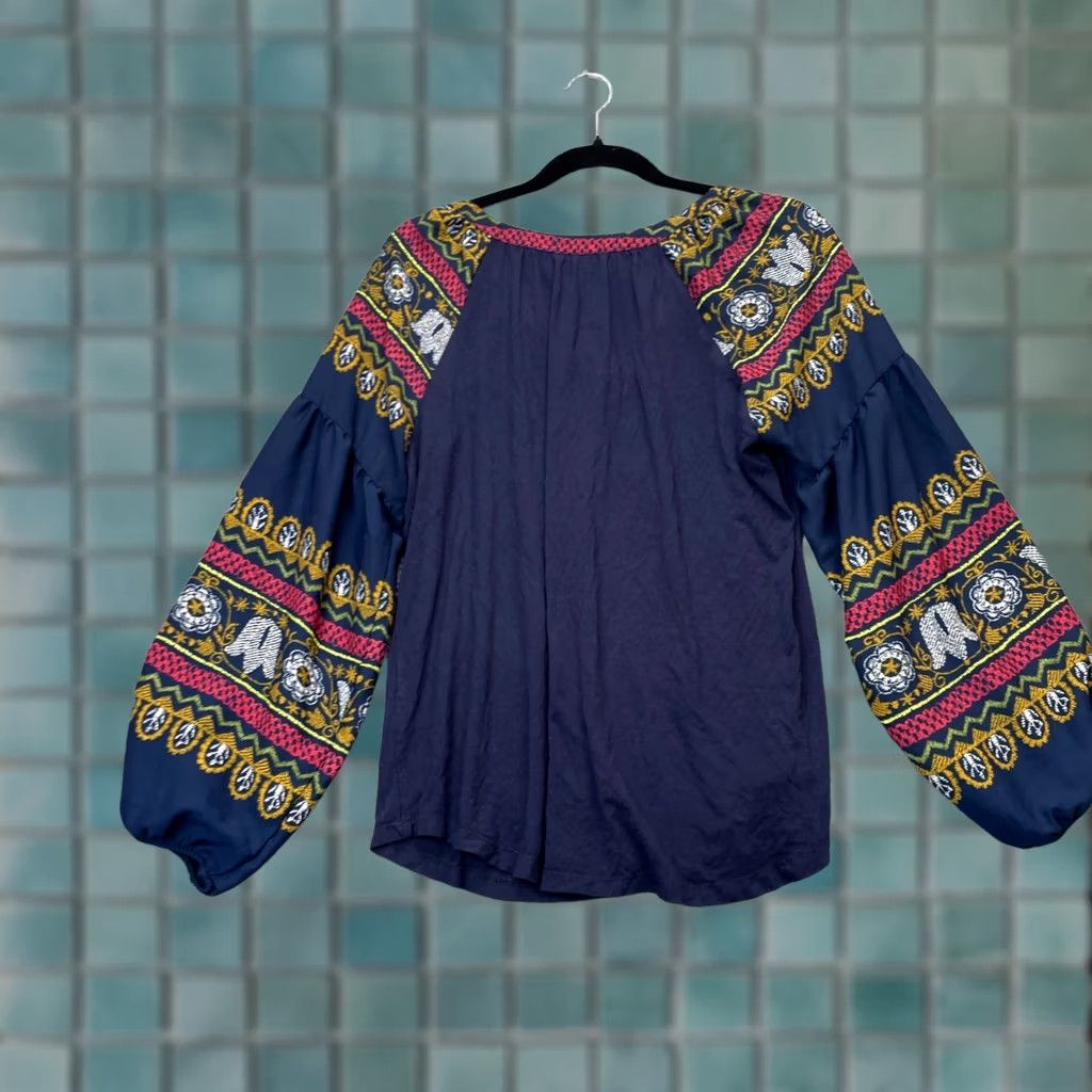 Vintage Fig & Flower Blouse Womens Large Blue Puff Sleeve Tassel Rope Fair Isle V-Neck Lace Up Casual Party/Cocktail Shirt Blouse Beach Bohemian Spring Summer Size L / US 10 / IT 46 - 1 Thumbnail