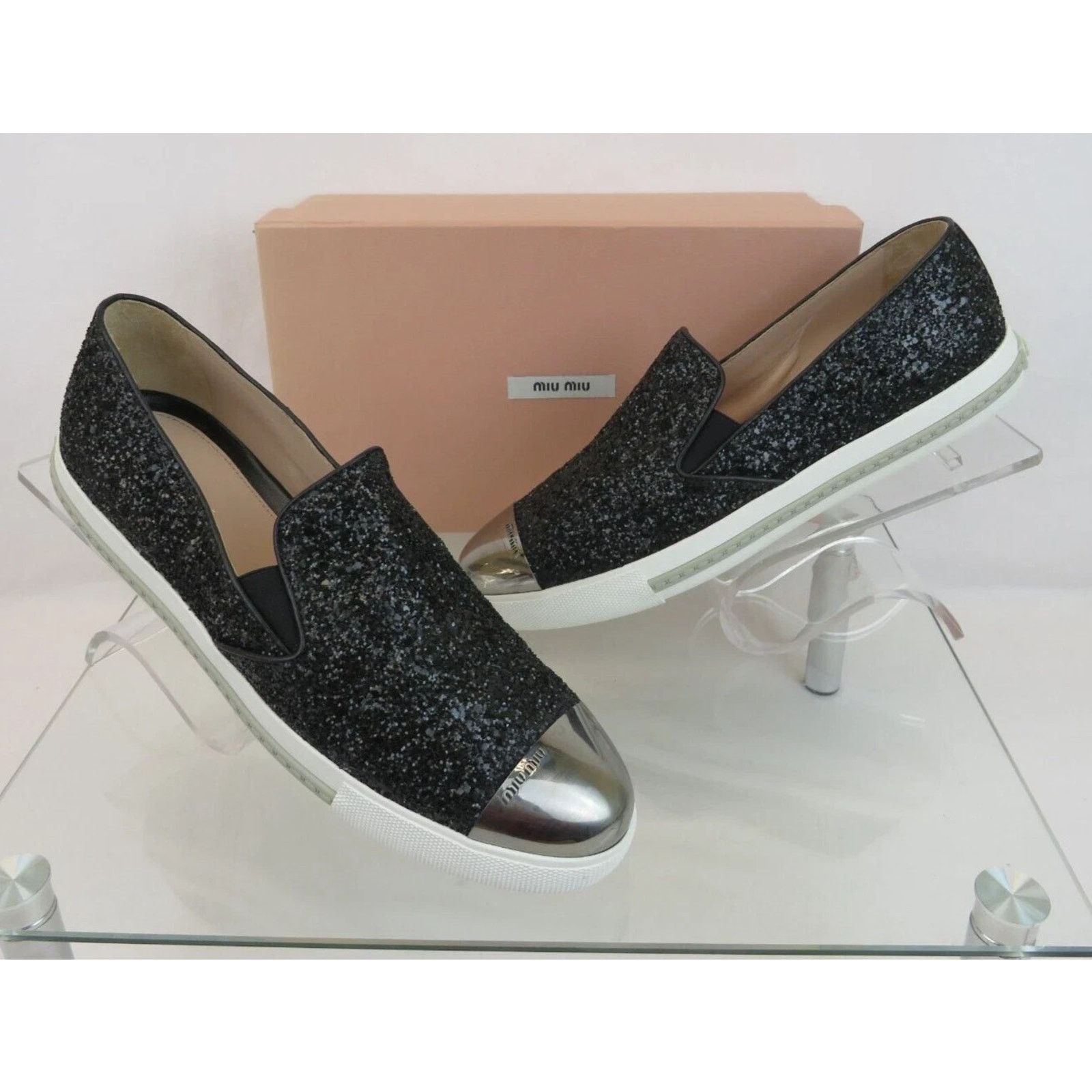Miu Miu NIB MIU MIU PRADA 5S9 BLACK GLITTER LOGO LOAFERS SNEAKERS 41 Size US 11 / IT 41 - 3 Thumbnail