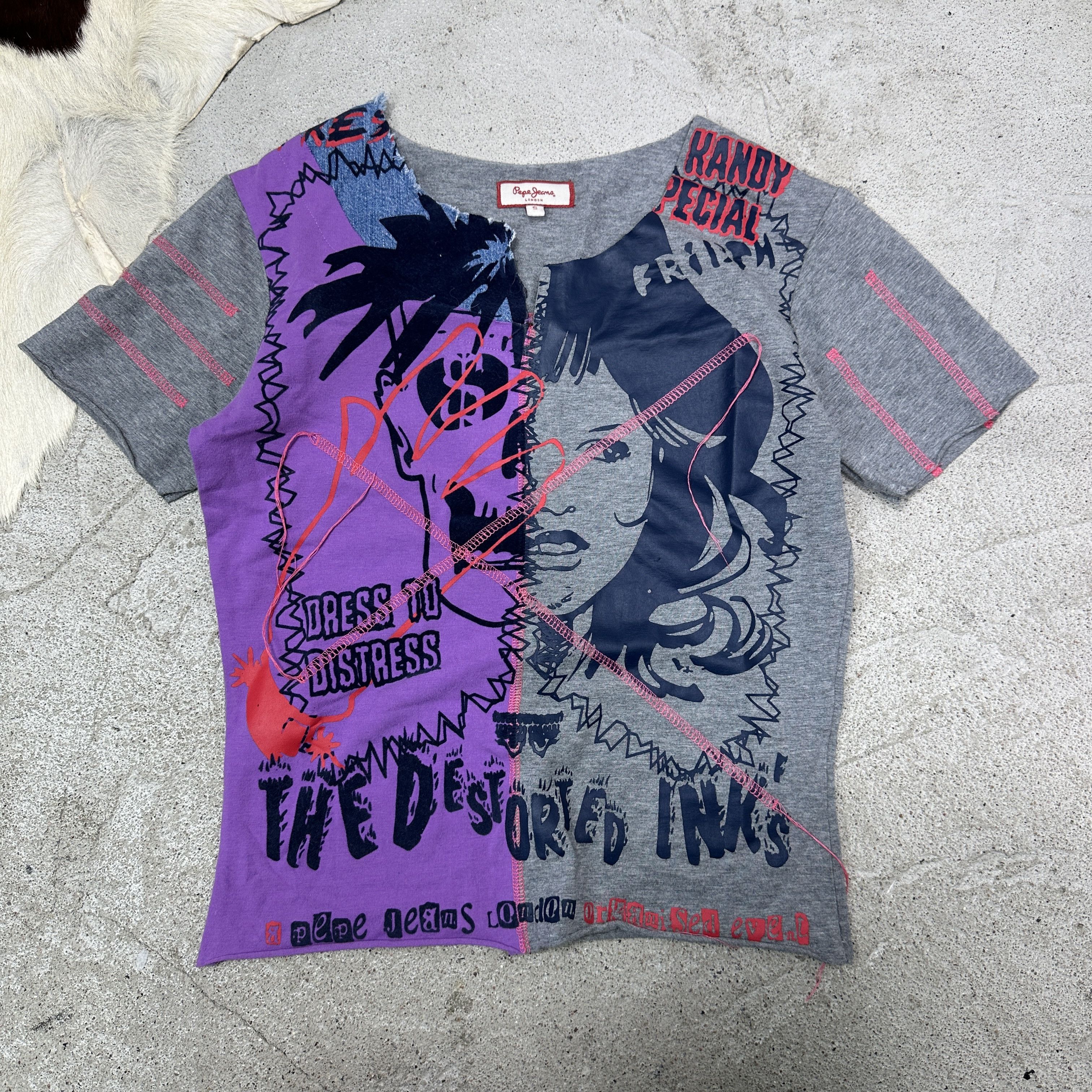 Pepe Jeans Vintage Avant Garde Distressed Patchwork Printed Top Y2K Size S / US 4 / IT 40 - 2 Thumbnail