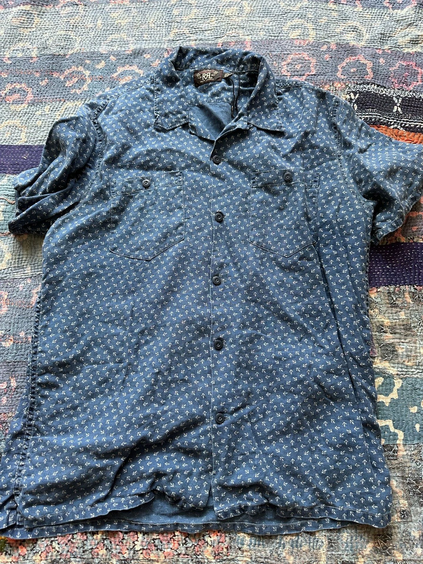 RRL Ralph Lauren RRL Indigo Dyed Anchor Distressed Linen-Cotton Shirt Size US L / EU 52-54 / 3 - 1 Thumbnail
