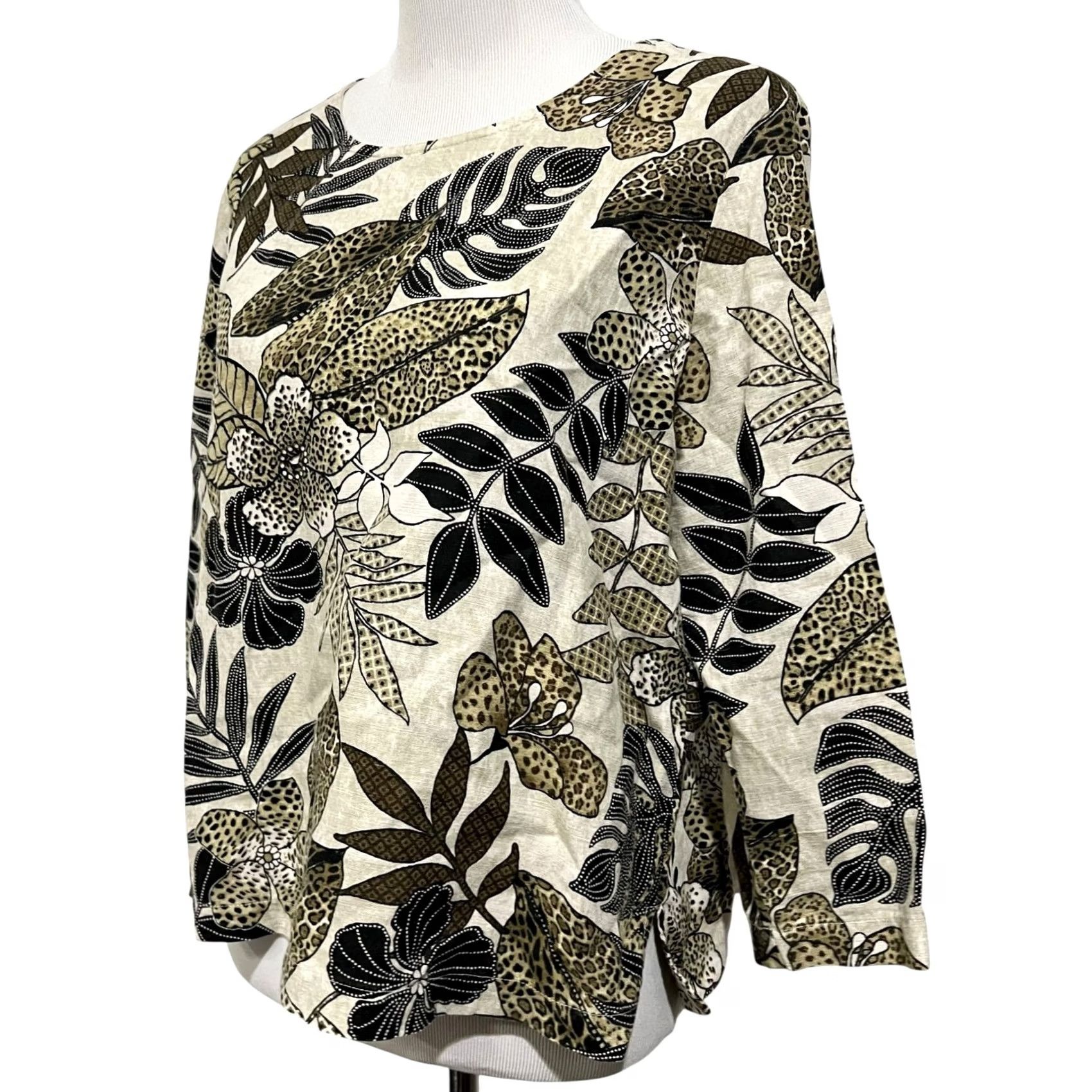 Vintage VINTAGE Hot Cotton Blouse Shirt Women Linen Cotton Floral Earth Tones Boxy Lagenlook 3/4 Sleeve Tan Size M Size M / US 6-8 / IT 42-44 - 3 Thumbnail