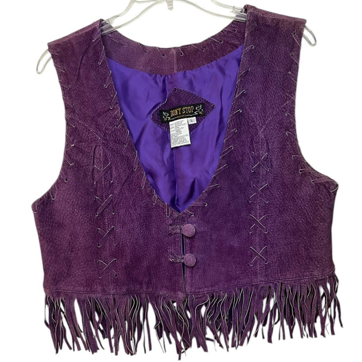 Vintage 90s/Y2K Don’t Stop Festival Purple Leather Fringe Vest Sz L Size L / US 10 / IT 46 - 2 Thumbnail