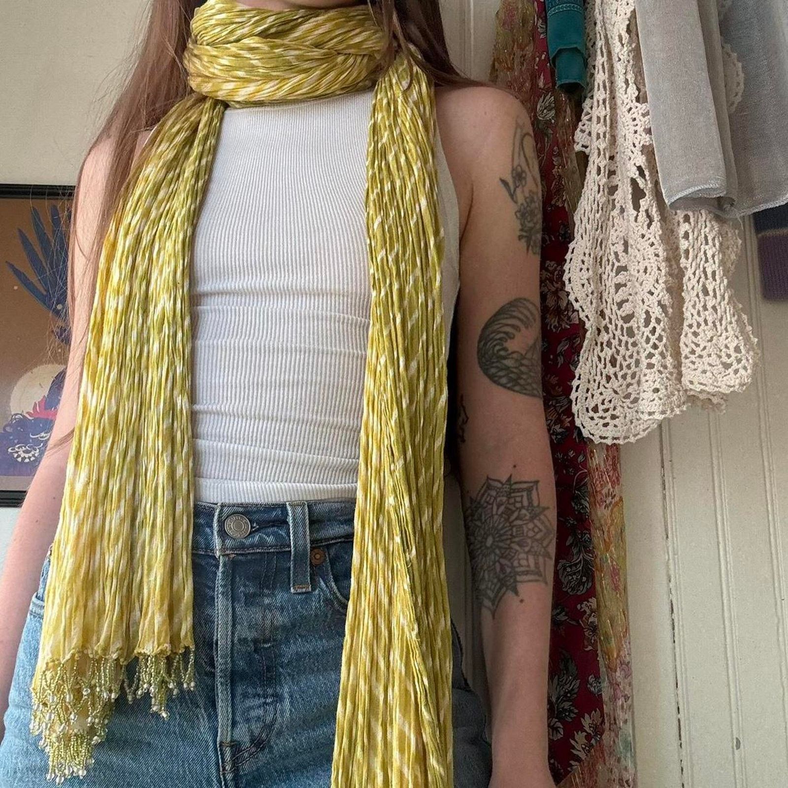 Other Vintage Y2K Chartreuse Beaded Scarf Shawl Lizzie McGuire Size ONE SIZE - 1 Thumbnail