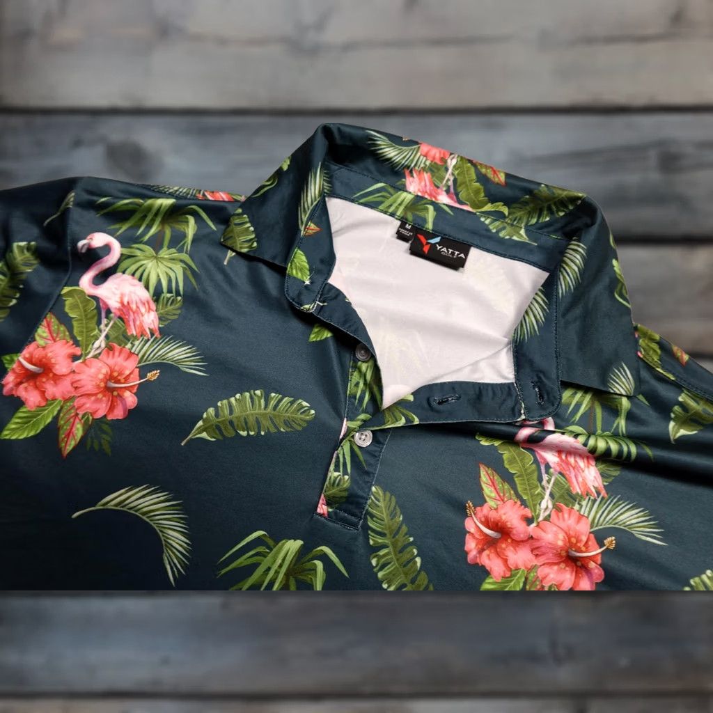 Vintage Yatta Golf Polo Shirt Mens Medium Green Flamingo Floral Print Performance AOP Size US M / EU 48-50 / 2 - 1 Thumbnail