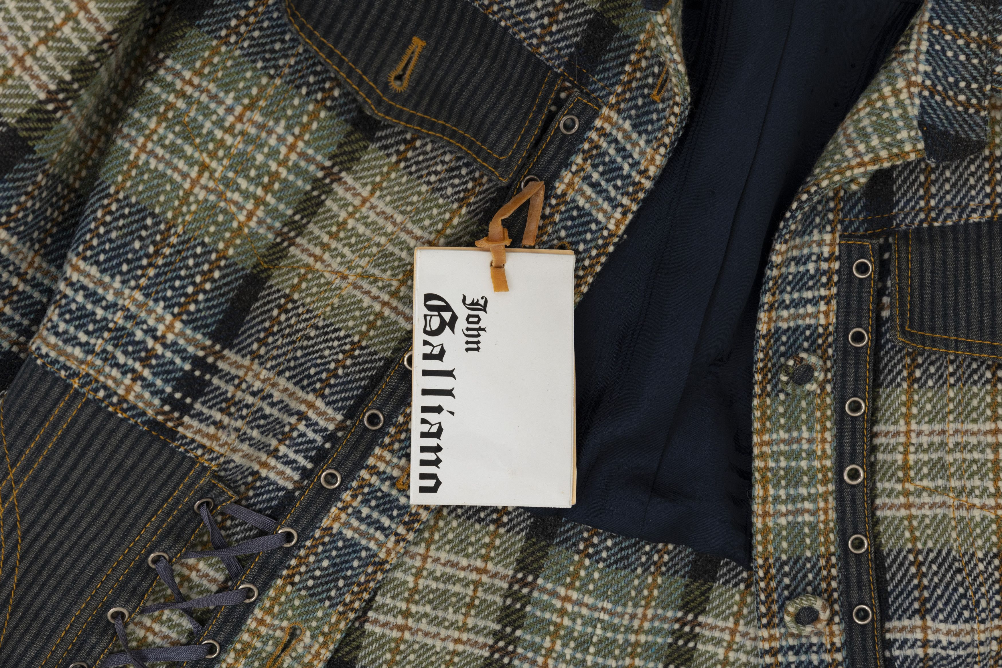 John Galliano Spring 2005 Chequered Bondage Green and Blue Silk Jacket Size M / US 6-8 / IT 42-44 - 14 Thumbnail