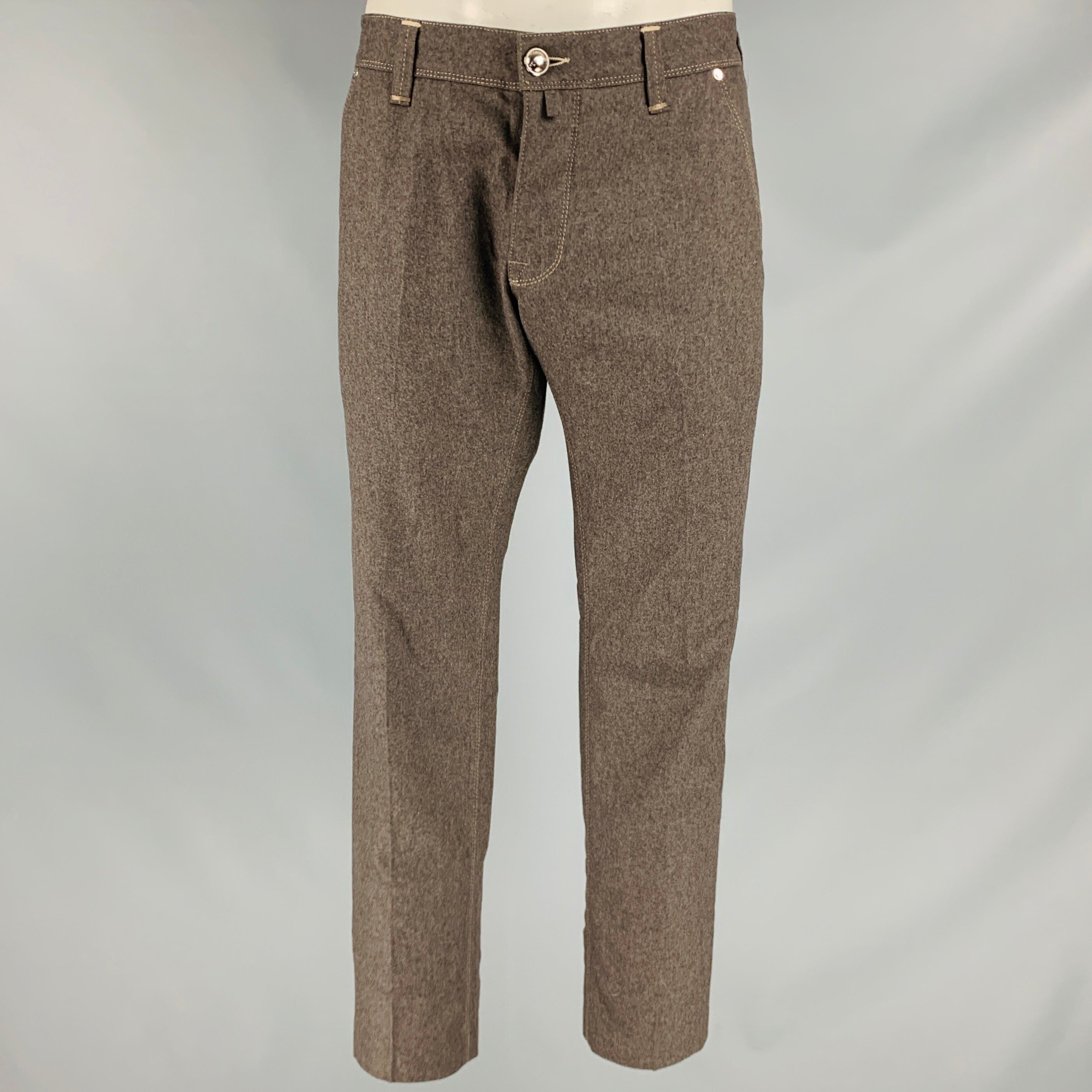 image of Jacob Cohen Brown Heather Contrast Stitch Wool Flannel Casual Pants, Men's (Size 36)