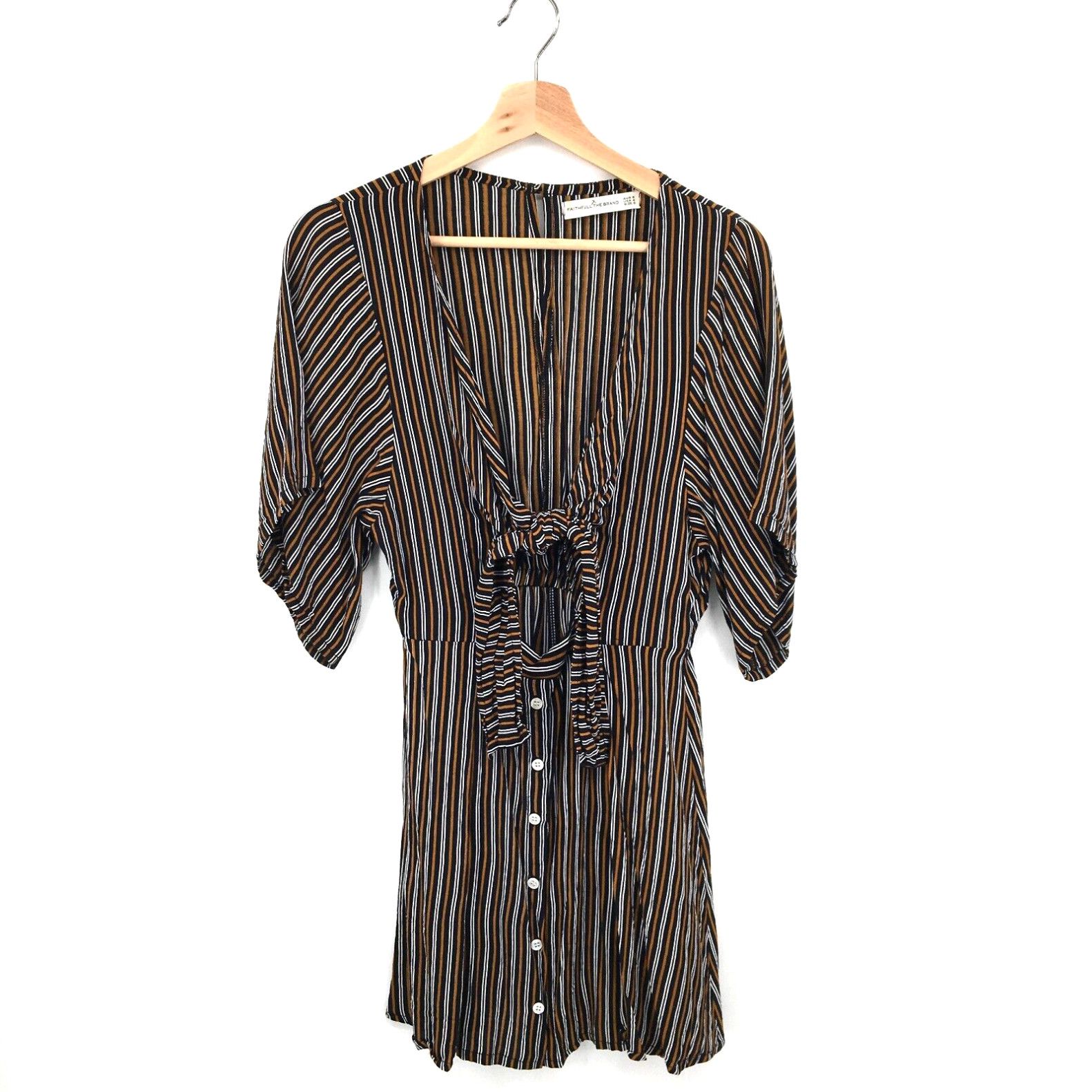 image of Faithfull The Brand 100% Rayon Cutout Mini Dress Brown Boho Stripe 4 Women in White (Size Small)