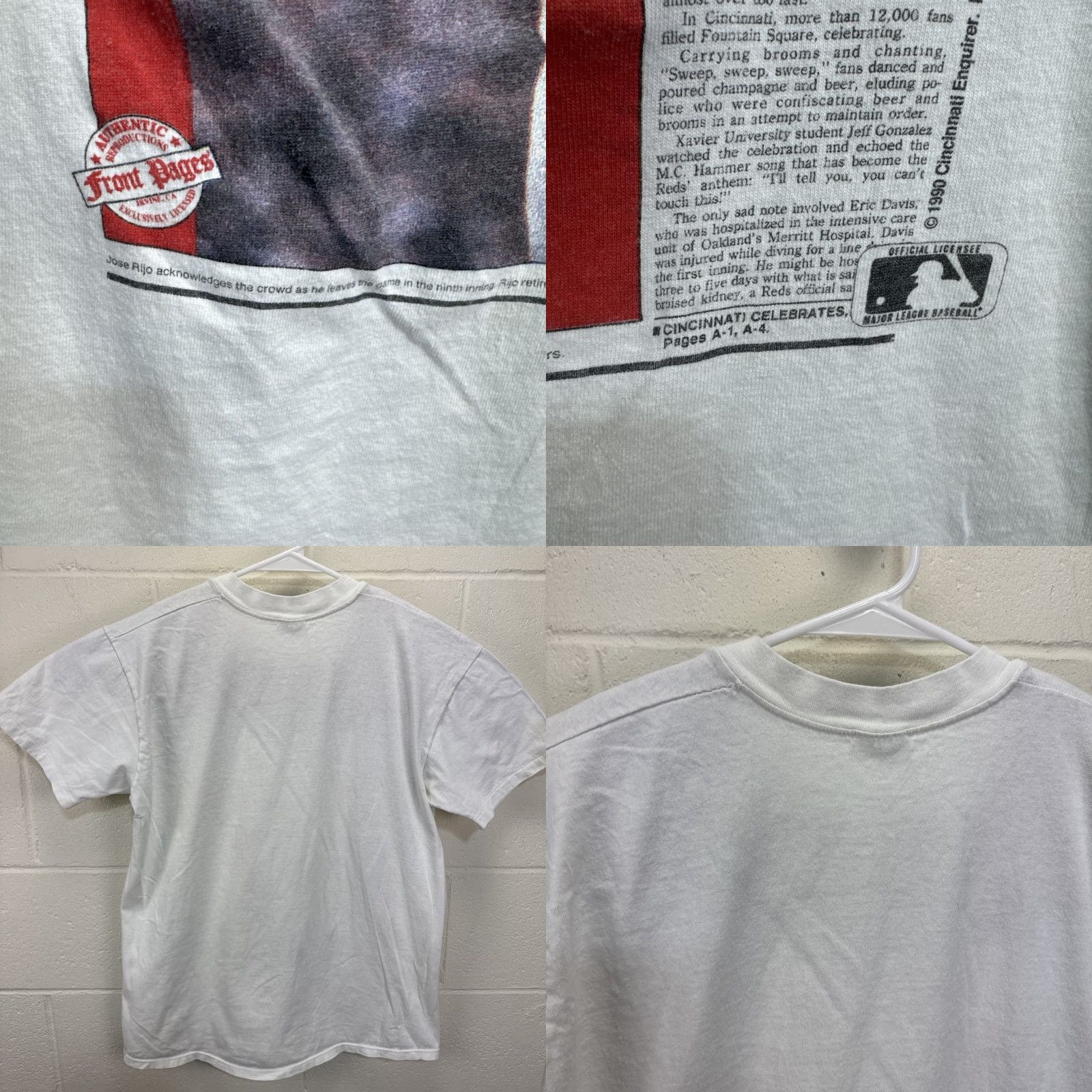 Vintage VINTAGE Cincinnati Reds World Champs T-Shirt Newspaper Headline Sweep Rijo Men White 1990s Graphic Tee M/L Short Sleeve Cotton Stedman Size US M / EU 48-50 / 2 - 9 Thumbnail
