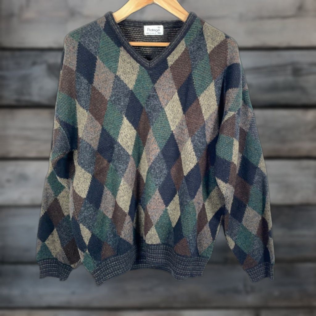 Vintage VINTAGE Protege Sweater Men XL Brown Green Argyle Diamond V-Neck USA Made Knit VTG Size US XL / EU 56 / 4 - 1 Thumbnail