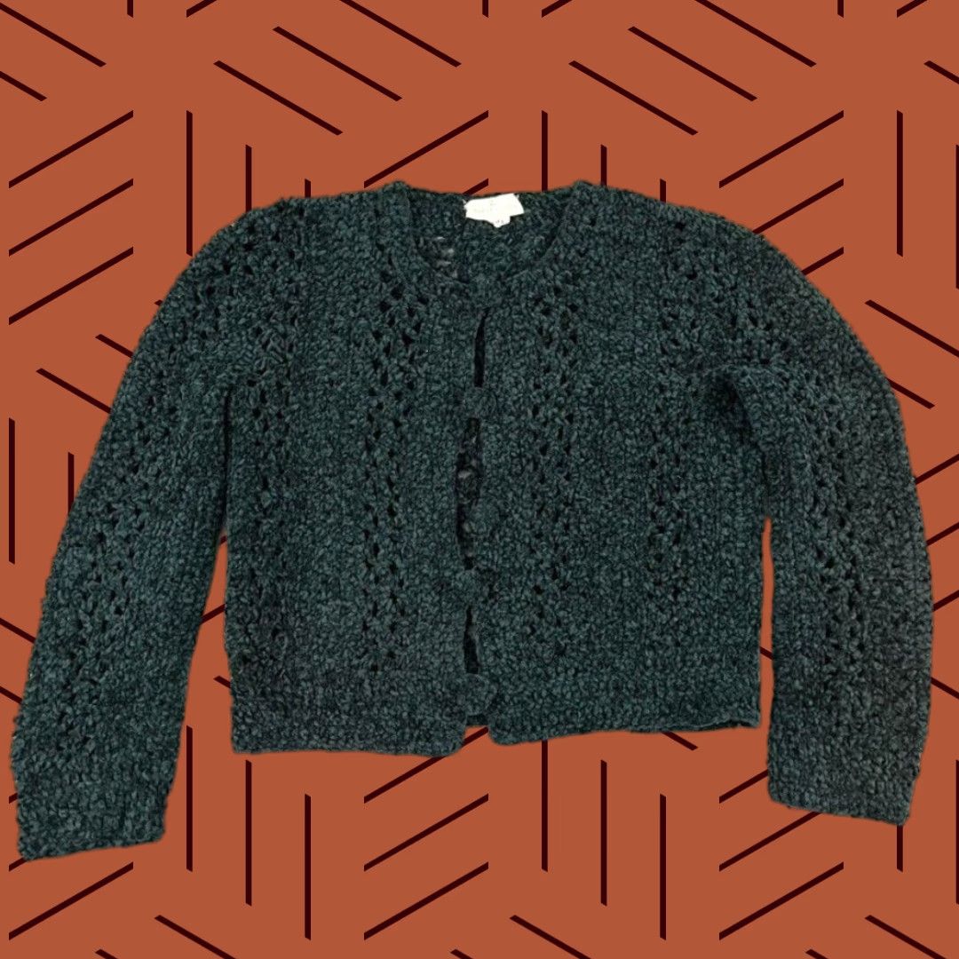Vintage SHIRLEY CARACCIOLO Sweater Womens Large Cropped Open Crochet Pine Green Italy Size L / US 10 / IT 46 - 1 Thumbnail