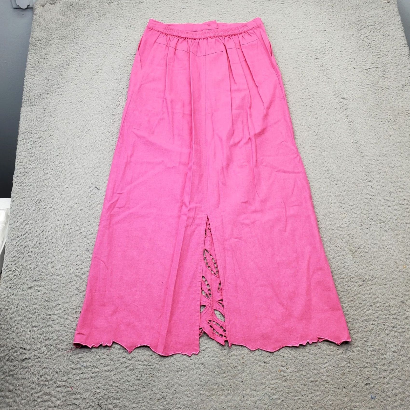 Pinko ISC Long Skirt Womens S Pink Linen Laser Cut Trim Hem Button Front - A-Line, Lightweight, Outdoor, Casual, 34.75" Length Size 28" / US 6 / IT 42 - 2 Thumbnail