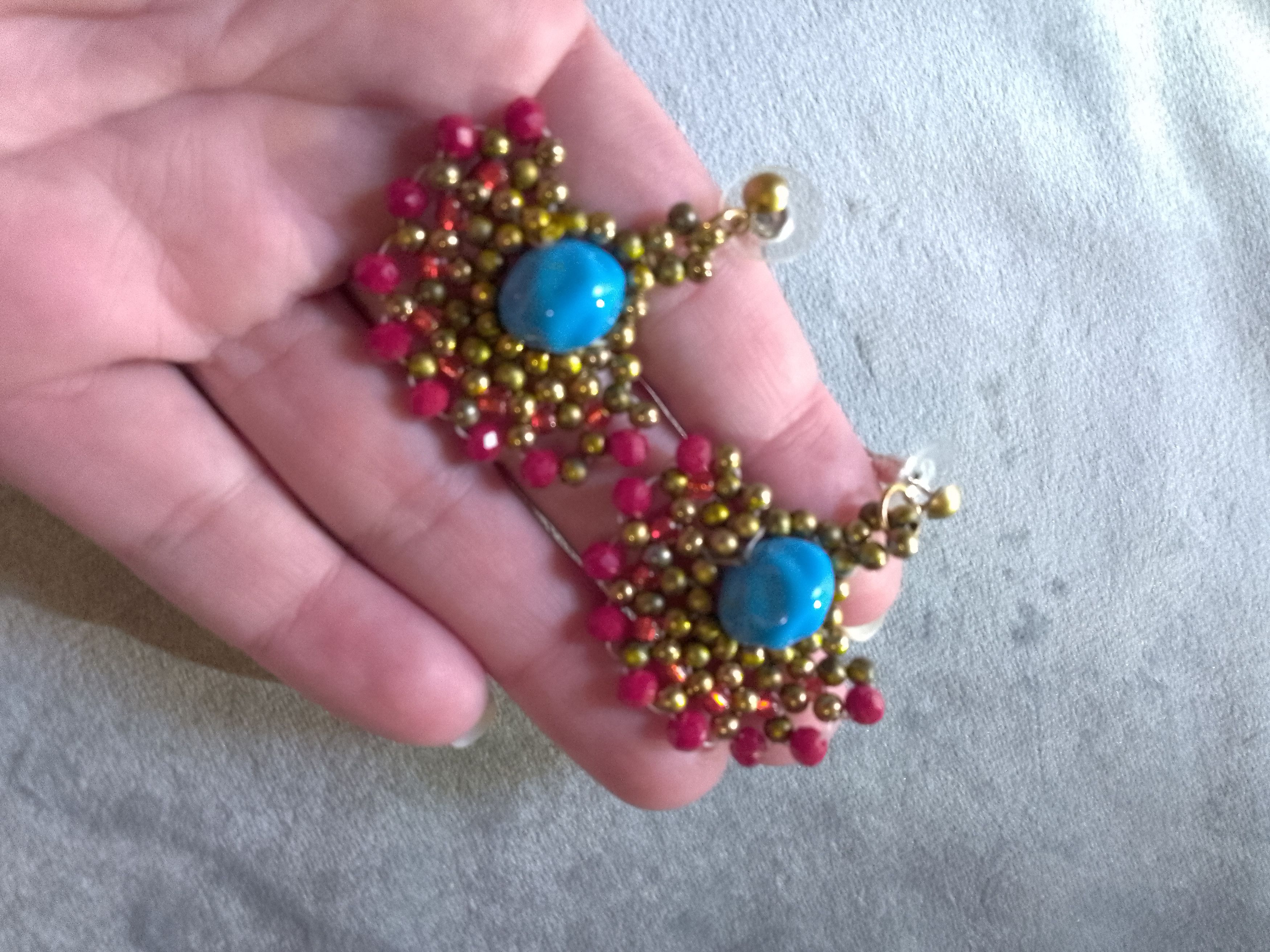 Handmade Necklace Earrings Vintage. Red crystals Blue resin. Pendant Size ONE SIZE - 10 Thumbnail