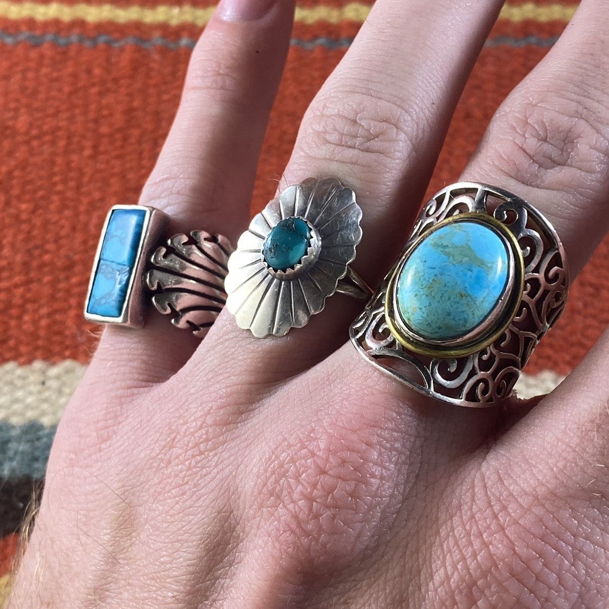 Japanese Brand × Kapital × Vintage Vtg Sterling Silver Turquoise Chunky Two Tone Signet Ring Size ONE SIZE - 13 Thumbnail