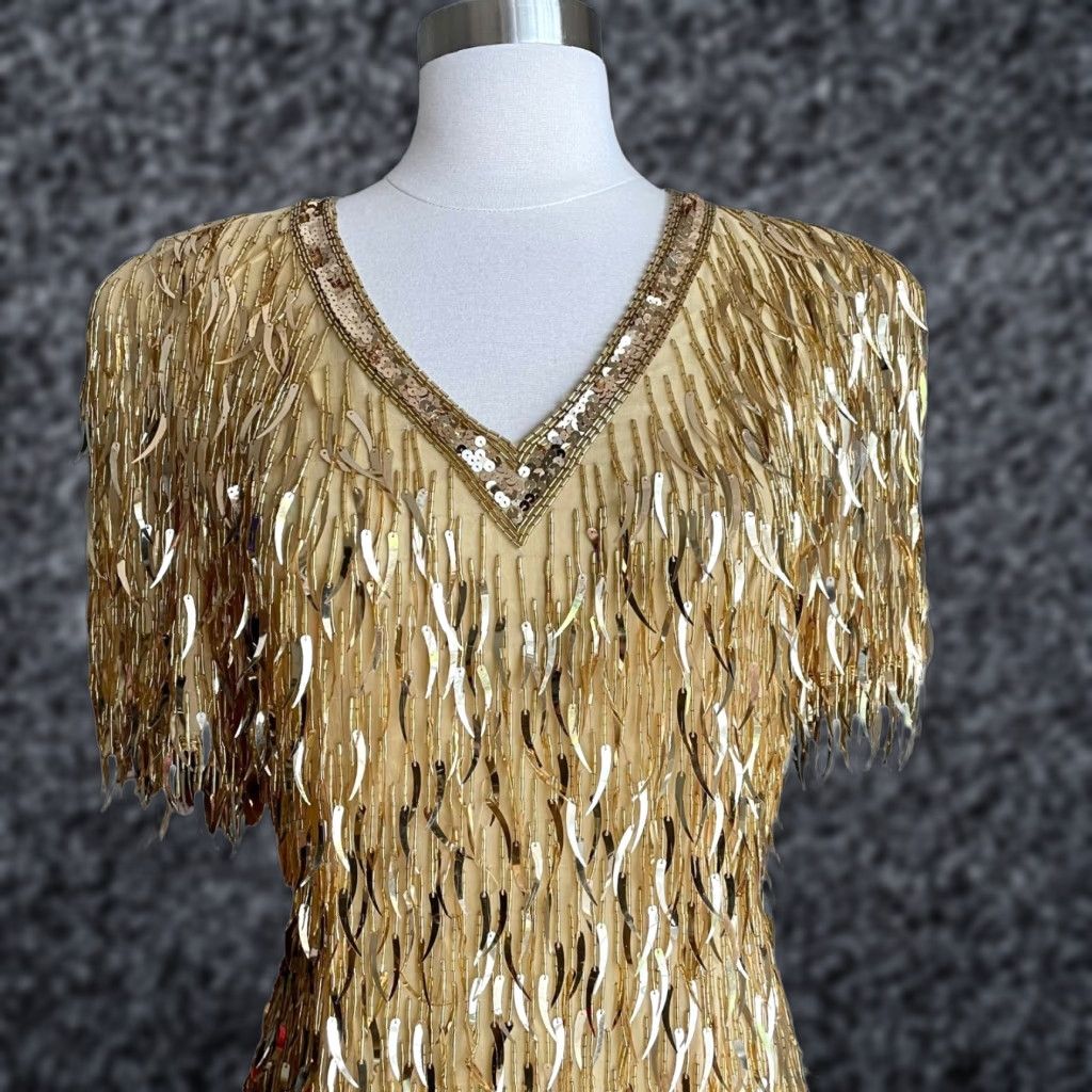 Oleg Cassini VINTAGE Oleg Cassini Dagger Sequin Dress Sheath 90s 80s Party Gold Silk Size 4 Womens Size 27" / US 4 / IT 40 - 1 Thumbnail