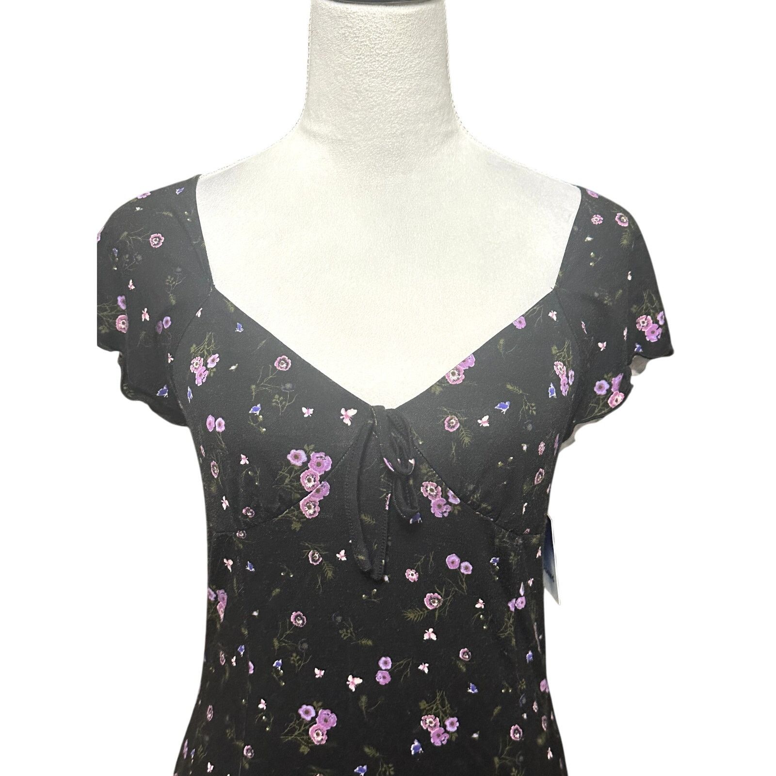 Other Abound Mini Dress V-Neck Tie Front Floral Black/Purple M NWT Size M / US 6-8 / IT 42-44 - 3 Thumbnail