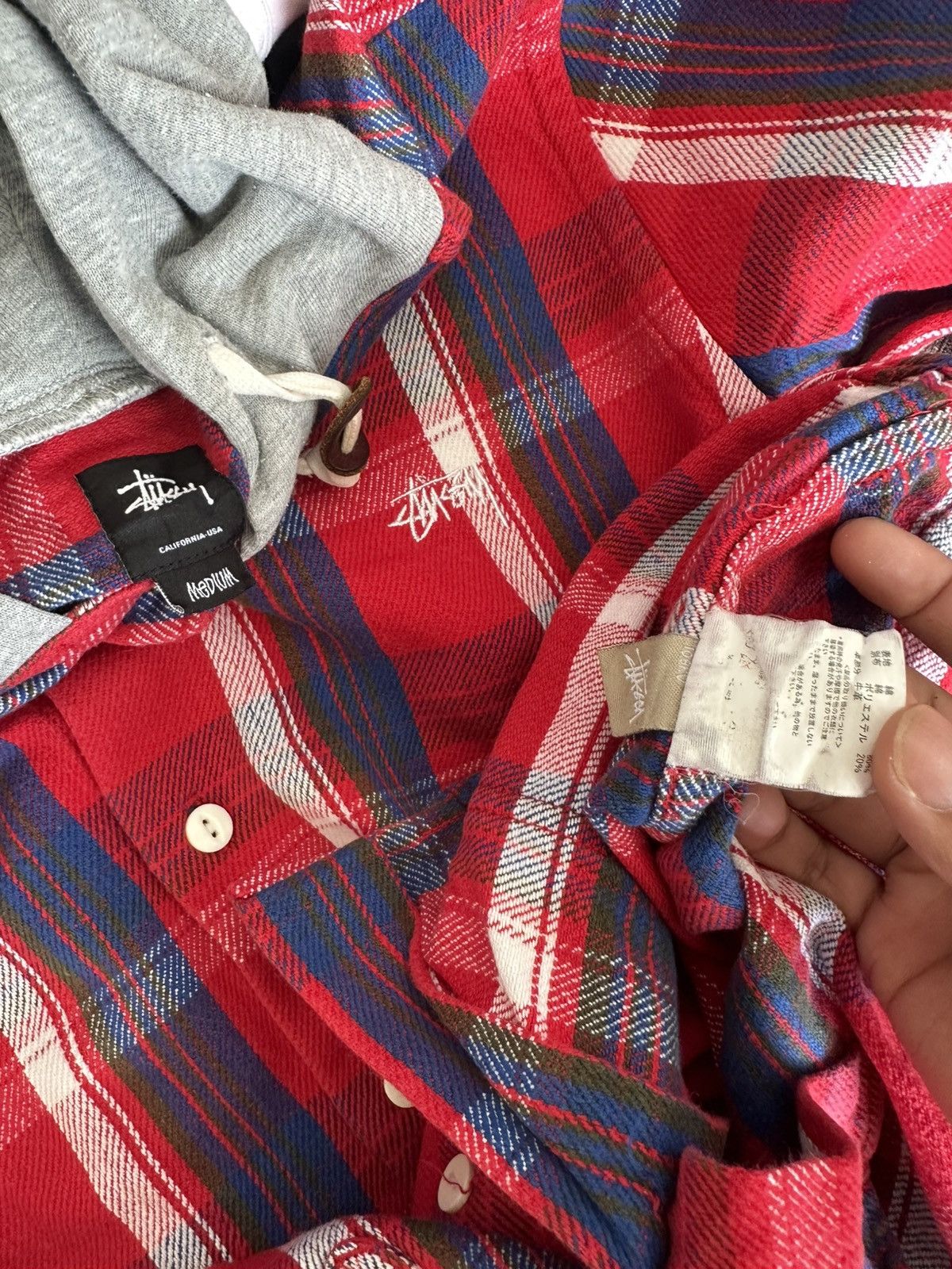 Stussy Stussy Red Plaid Hooded Flannel Tshirt Streetwear Size US M / EU 48-50 / 2 - 6 Thumbnail